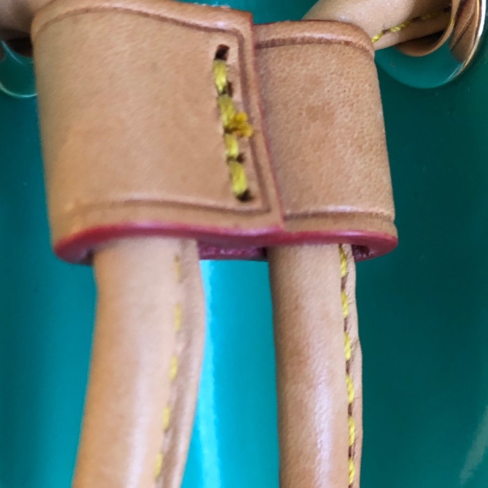 Dooney & Bourke Teal Patent Leather Drawstring Bucket Bag with Tan Trim - Picture 4 of 16